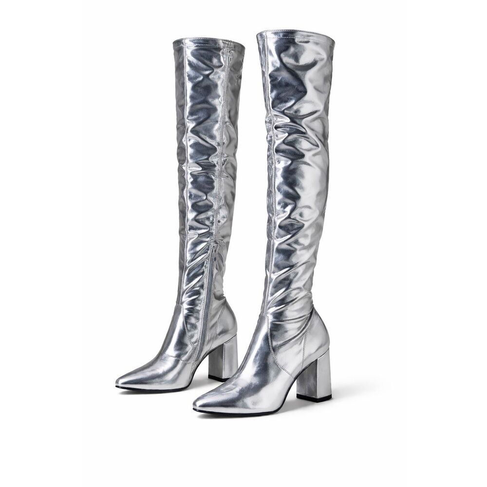 Silver Metallic OTK Boots Sz 12 Inside Zip Block Heel Pointed Toe